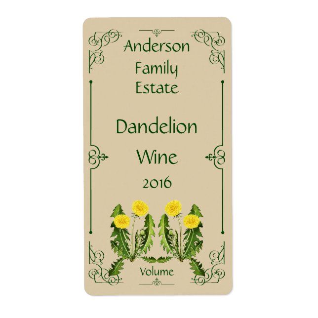 Étiquette Dandelion en bouteille de vin avec cadre (Devant)