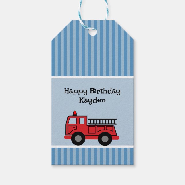 Étiquette d'anniversaire de camion de pompiers ble (Devant)