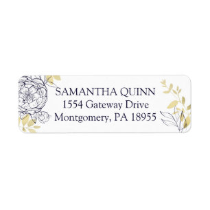 Étiquette Dark Navy Blue & Gold Peony Floral Return Address