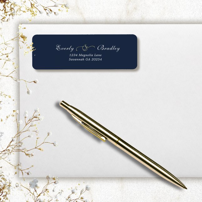 Étiquette Dark Navy Blue White Script Elegant Return Address (Créateur téléchargé)
