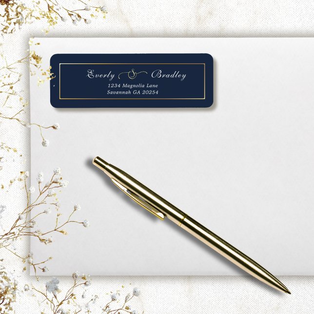 Étiquette Dark Navy Gold Frame Elegant Return Address (Créateur téléchargé)
