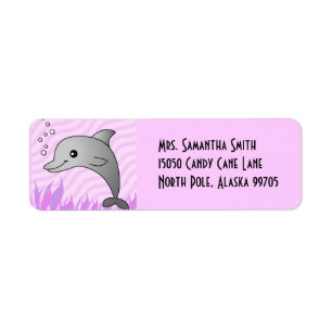 Étiquette Dauphin gris mignon dans l'eau rose
