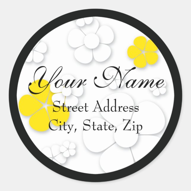 Étiquette de adresse à fleurs jaune et noire (Devant)