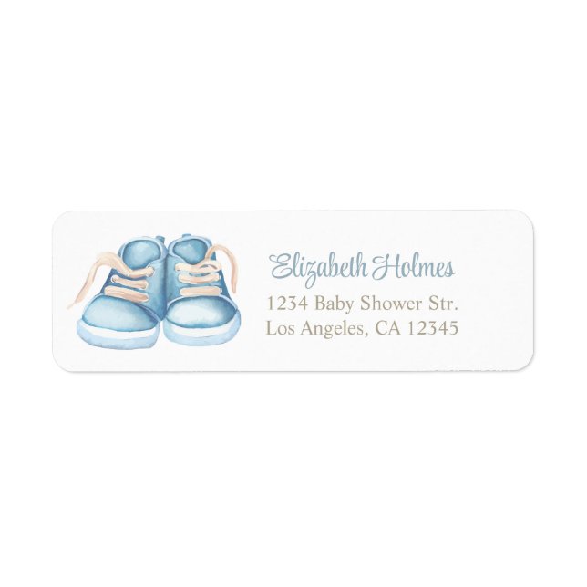 Étiquette de adresse Baby shower Blue Baby Shoes. (Devant)