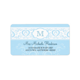 Étiquette de adresse bleu de monogramme de damass