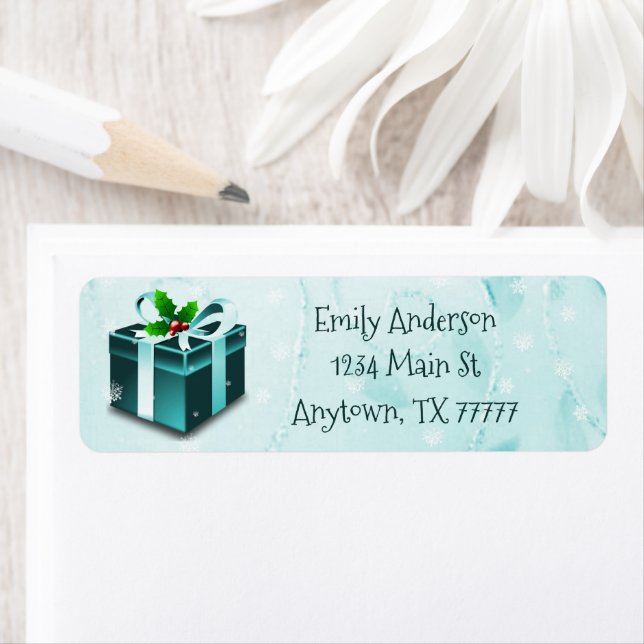 Étiquette de adresse cadeau de Noël turquoise (En situation)