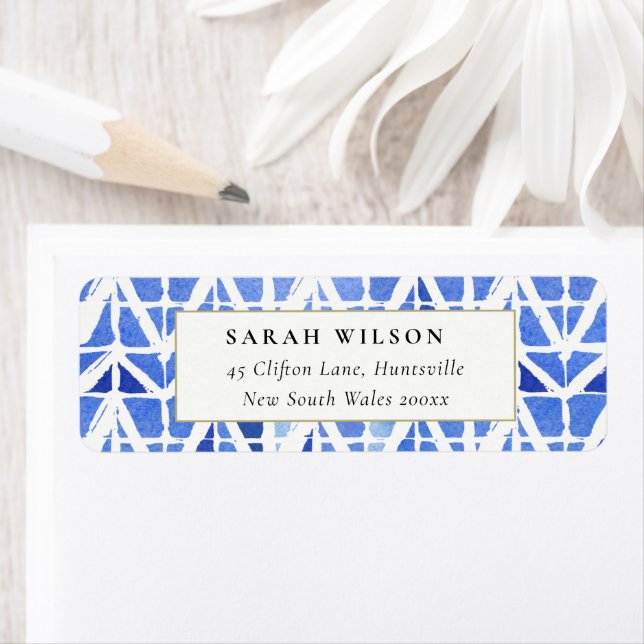 ÉTIQUETTE DE ADRESSE CHEVRON BLEU INDIGO WATERCOLO (En situation)