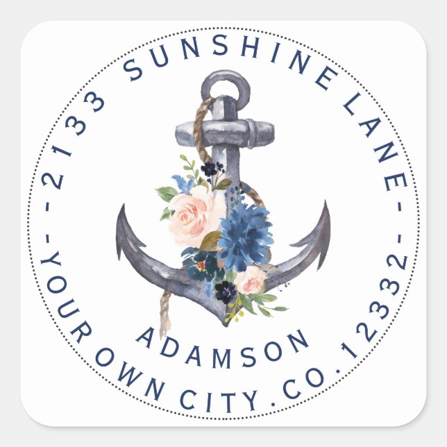 Étiquette de adresse circulaire Ancre bleu rose (Devant)