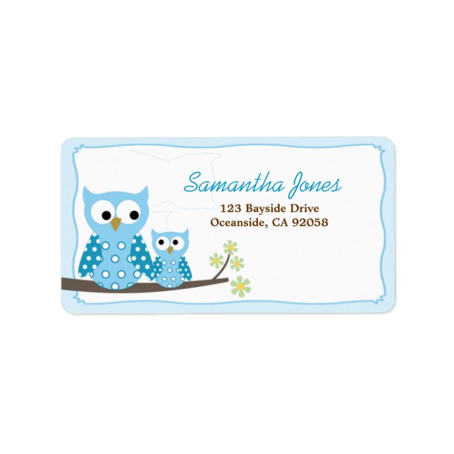 Étiquette de adresse de Baby shower Blue Hoot Ows (Devant)