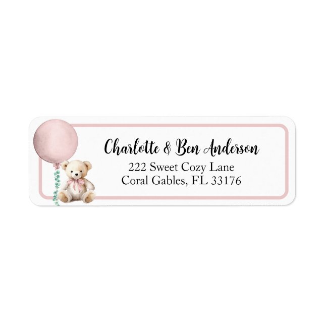 Étiquette de adresse de ballon rose Teddy (Devant)