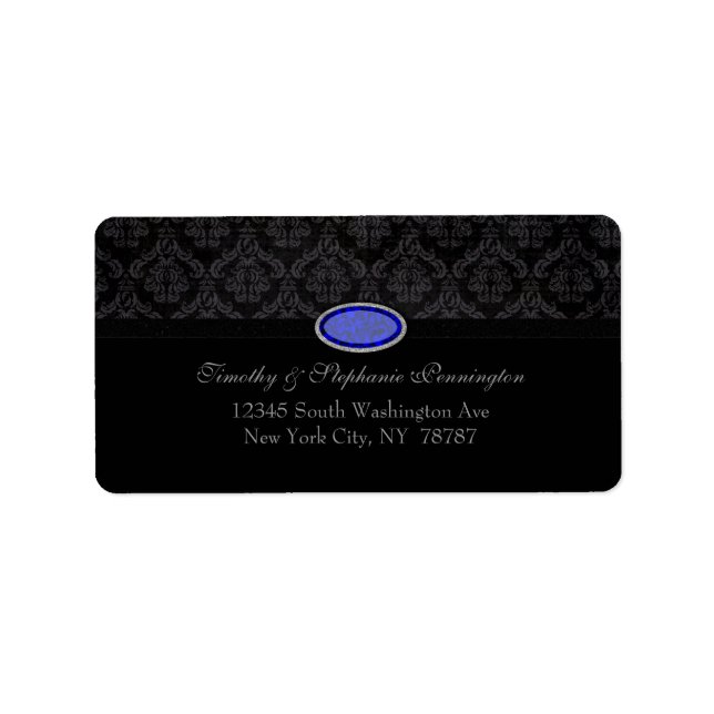 Étiquette de adresse de bijou bleu damassé noir te (Devant)