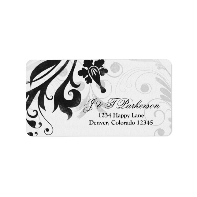 Étiquette de adresse de Mariage Floral noir et bla (Devant)