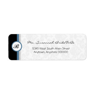 Étiquette de adresse de monogramme Damas bleu