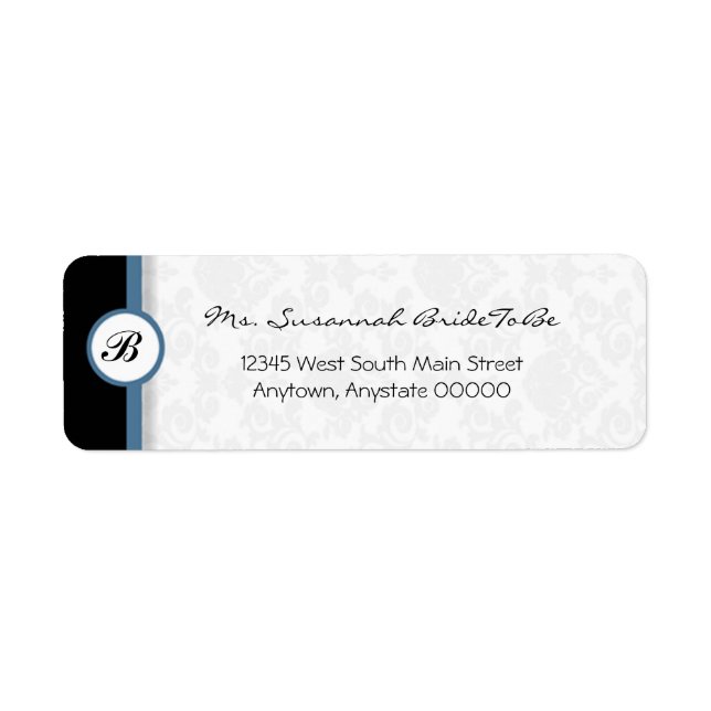 Étiquette de adresse de monogramme Damas bleu (Devant)