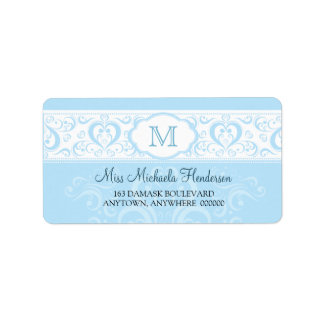 Étiquette de adresse de monogramme Damas bleu