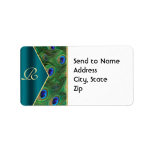 Étiquette de adresse de monogramme Peacock turquoi