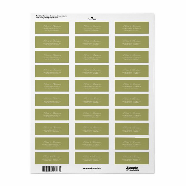 Étiquette de Adresse de Retour de Mariage Vert Oli (Feuille entière)