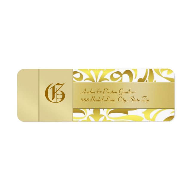 Étiquette de adresse Mariage Gold Damask Monogram  (Devant)