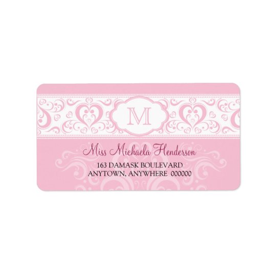 Étiquette de adresse rose de monogramme de damassé