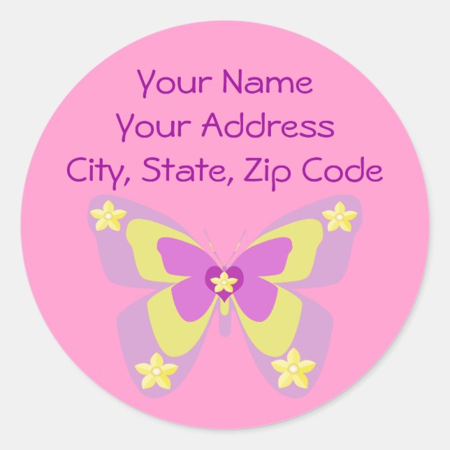 Étiquette de adresse rose et jaune de papillon (Devant)