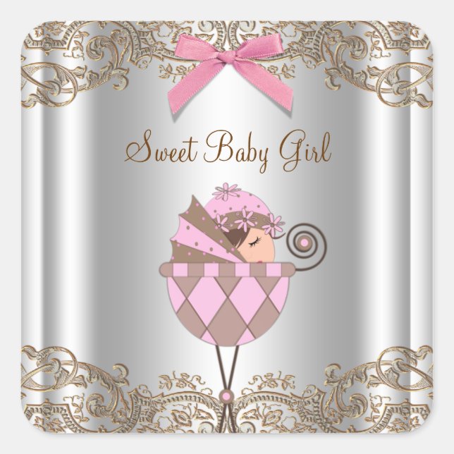 Étiquette de Baby Shower pour Landau Rose Marron (Devant)
