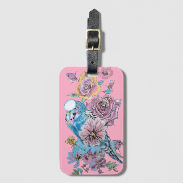 Étiquette de bagage à aquarelle florale rose Budgi (Devant Vertical)