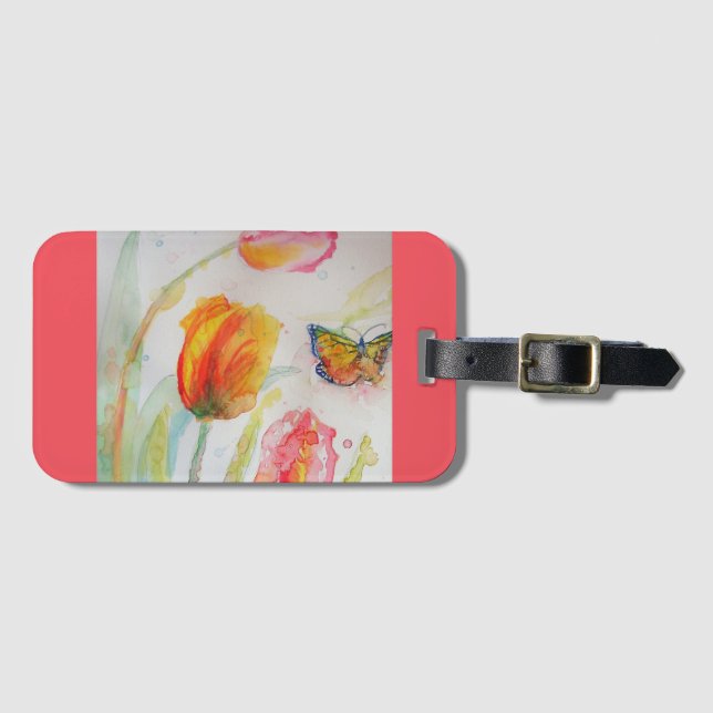Étiquette de bagage à aquarelle Tulipe rose (Devant Horizontal)