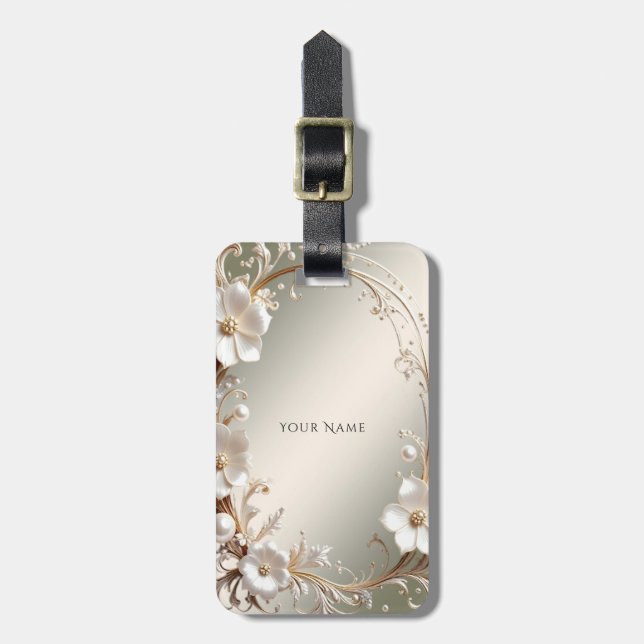 Étiquette de bagage à cadre floral blanc orné (Devant Vertical)
