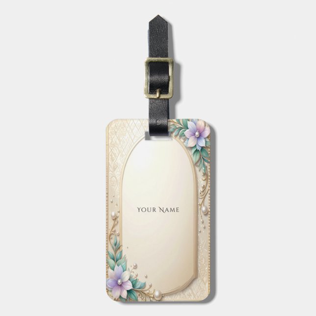Étiquette de bagage à cadre floral décoratif avec  (Devant Vertical)