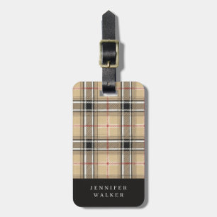 Étiquette de bagage à carreaux beige personnalisée