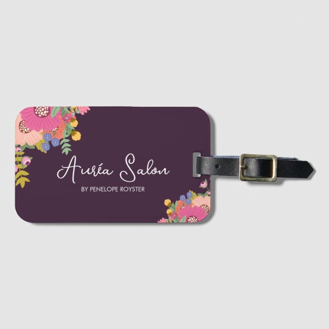 Étiquette de bagage à cheveux floraux et prune (Devant Horizontal)