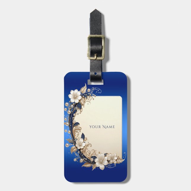 Étiquette de bagage à embellissement floral bleu b (Devant Vertical)