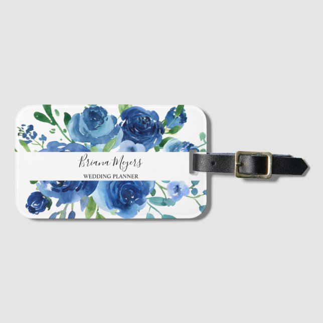 Étiquette de bagage à fleurs bleues marine moderne (Devant Horizontal)