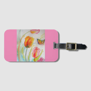 Étiquette de bagage à fleurs de tulipe rose aquare