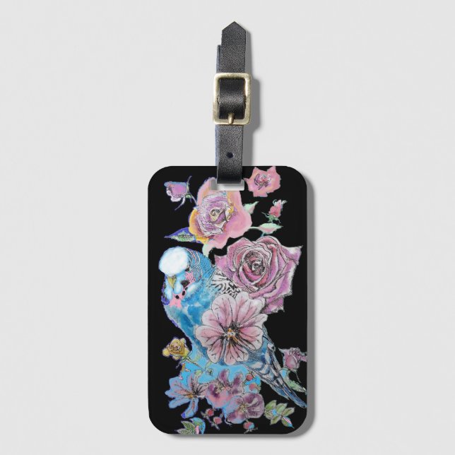 Étiquette de bagage à fleurs en aquarelle bleu bud (Devant Vertical)
