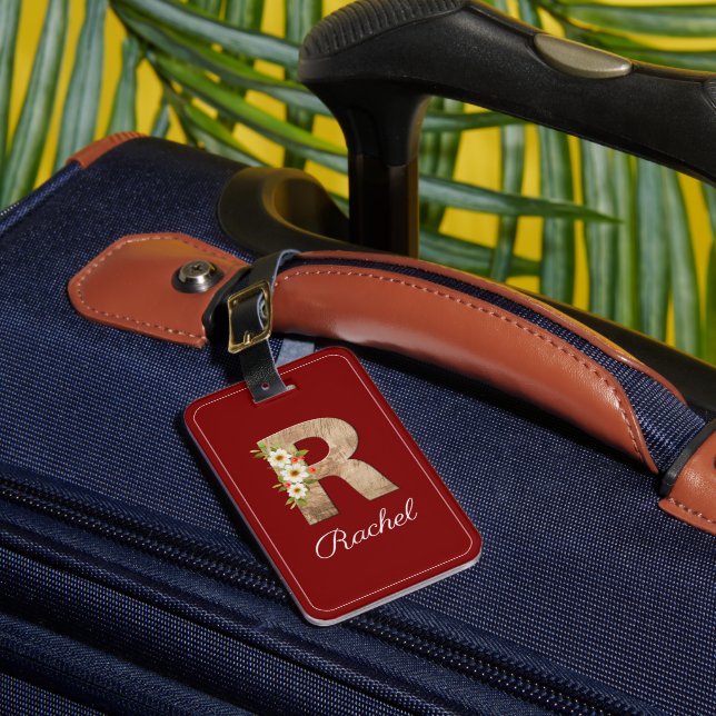 Étiquette de bagage à fleurs en bois rouge monogra (Insitu Rectoal 1)
