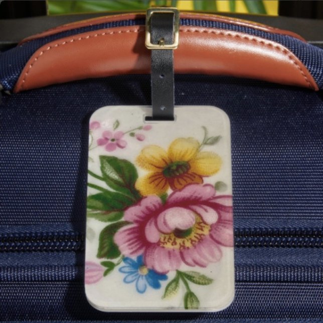 Étiquette de bagage à fleurs en forme de tasse à t ( Luggage tag single-sided w Card Slot, weatherproof, leather strap included. 
)