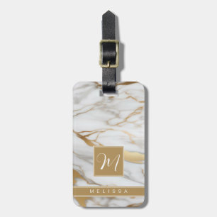 Étiquette de bagage à fond en marbre or blanc