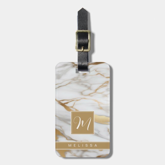 Étiquette de bagage à fond en marbre or blanc (Devant Vertical)