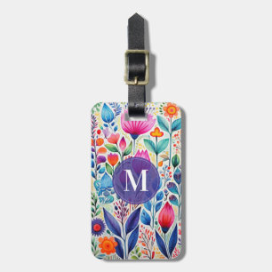 Étiquette de bagage à fond floral d'art populaire