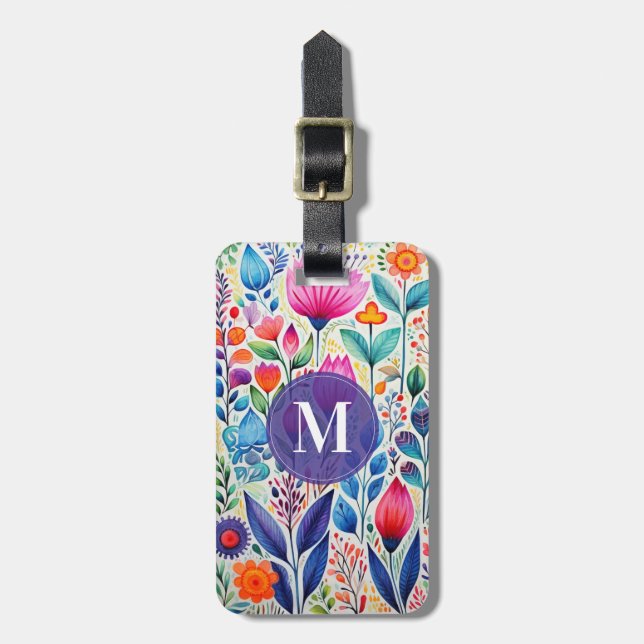 Étiquette de bagage à fond floral d'art populaire (Devant Vertical)