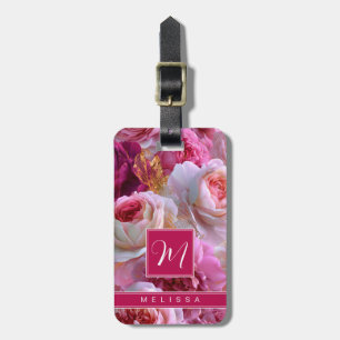 Étiquette de bagage à fond floral de roses or roug