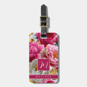 Étiquette de bagage à fond floral de roses or roug