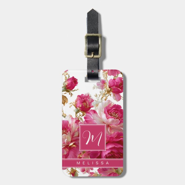 Étiquette de bagage à fond floral de roses or roug (Devant Vertical)