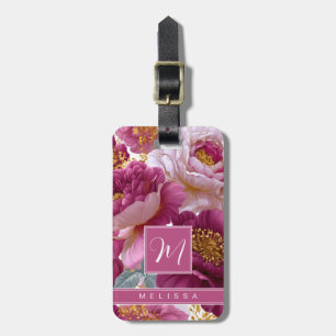 Étiquette de bagage à fond floral de roses or roug
