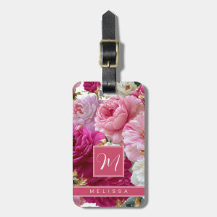 Étiquette de bagage à fond floral de roses or roug