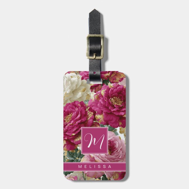 Étiquette de bagage à fond floral de roses or roug (Devant Vertical)