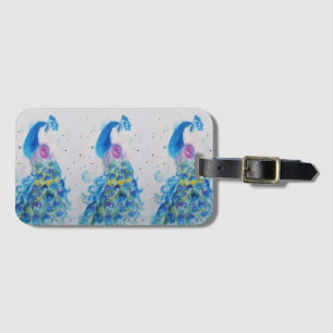Étiquette de bagage à l'aquarelle d'oiseau paon bl