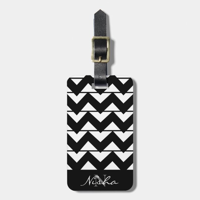 Étiquette de bagage à monogramme à rayures Chevron (Devant Vertical)