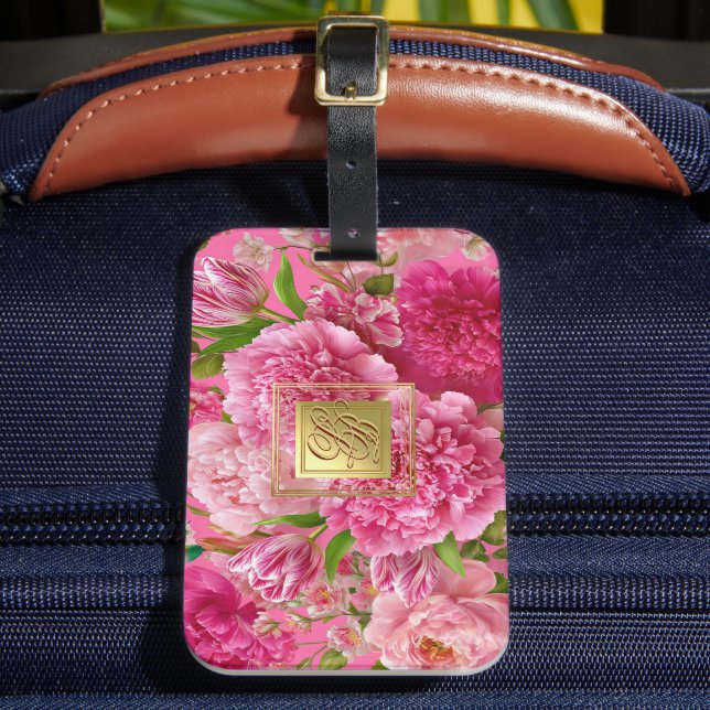 Étiquette de bagage à monogramme floral rose et ve (Insitu Rectoal 2)